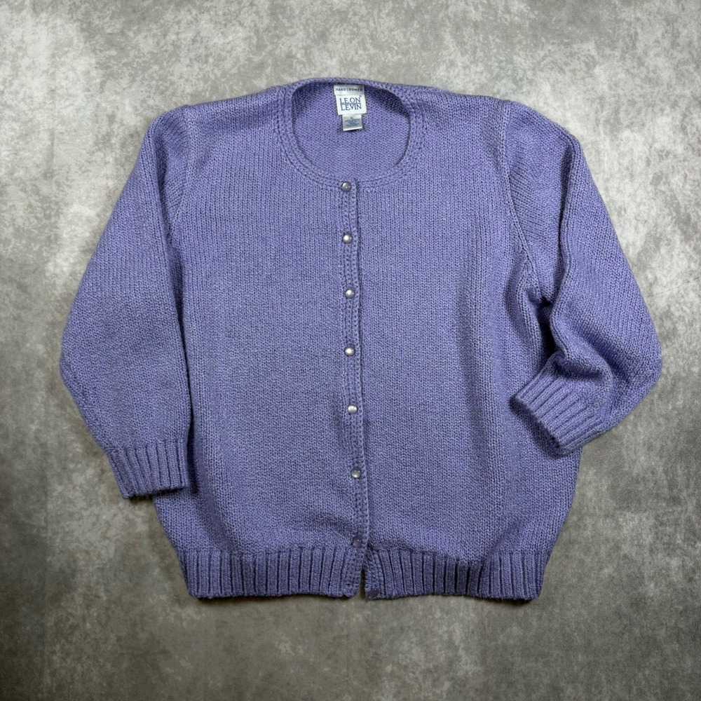 Leon Levin Purple Hand Loomed Pearl Button Front Knit Cardigan Sweater XL